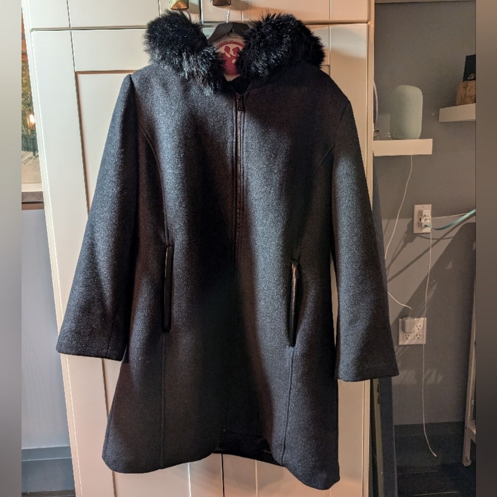 Dark Grey Hooded Wool Coat with Faux Fur